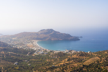 Panoramic aerial view from above of the city, Crete island, Greece. Landmarks of Greece, beautiful town in Crete island. Crete, Greece.