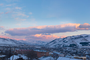 Panoramic view of Spitak town at winter sunset
