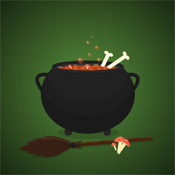 Witch's cauldron of boiling amanita and bone potion. There is broom and mushrooms nearby. Halloween illustration.