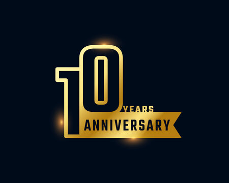 10 Year Anniversary Celebration with Shiny Outline Number Golden Color for Celebration Event, Wedding, Greeting card, and Invitation Isolated on Dark Background