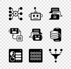 Set Neural network, Artificial intelligence robot, Chat, Computer api interface, Binary code, Funnel filter, and icon. Vector