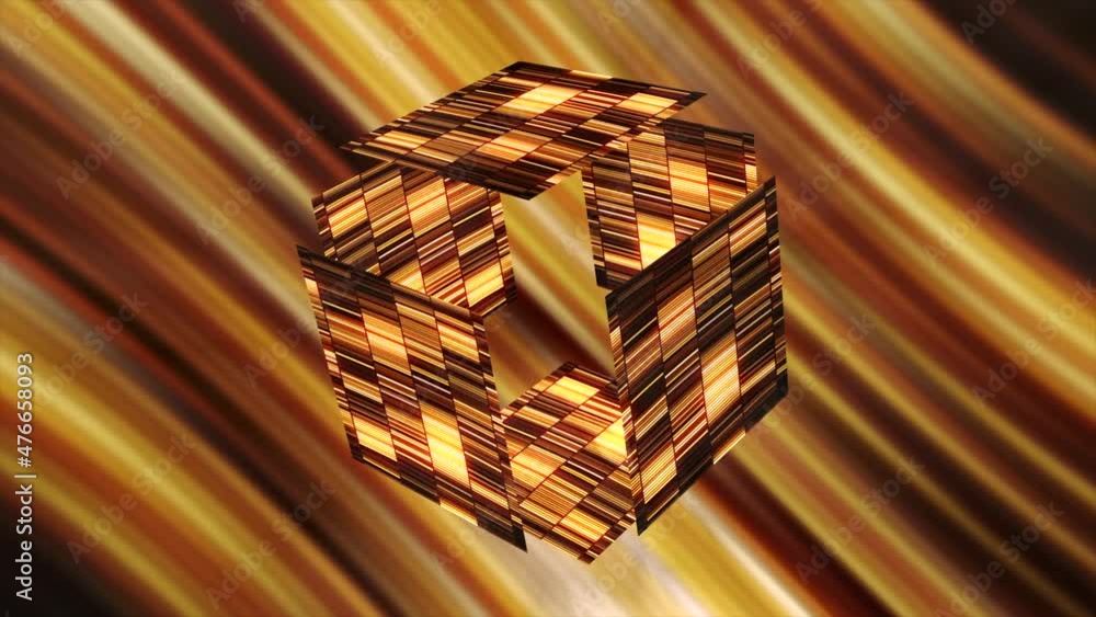 Poster abstract golden cube falling apart on glowing sun rays background. motion. digital shining box with 