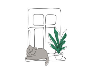 A gray cat sits on a windowsill next to a flower pot, a houseplant. Pet. One line drawing. Linear style. Hand-drawn. Doodle. Flat vector illustration.