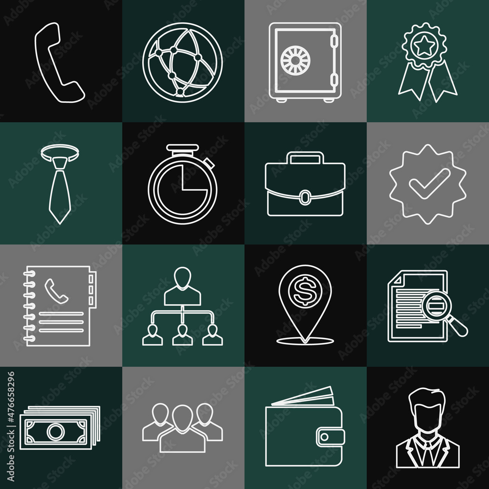 Canvas Prints Set line User of man in business suit, Document with search, Approved and check mark, Safe, Stopwatch, Tie, Telephone handset and Briefcase icon. Vector