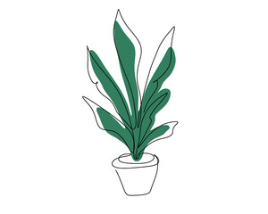 Pot with indoor growth. One line drawing. Linear style. Hand-drawn. Doodle. Vector illustration. 