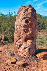 Sandstone menhir, dating from 6000-4500 BC, in the dry hills near Vale Fuzeiros, Algarve, Portugal.
