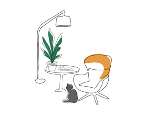 The cat is sitting near the armchair. Comfortable living room interior with a cat, a houseplant, a table and a floor lamp. Linear style. Hand-drawn. Doodle. One line drawing.