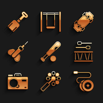 Set Baseball Bat With Ball, Rattle Baby Toy, Yoyo, Drum Drum Sticks, Photo Camera, Dart Arrow, Skateboard And Shovel Icon. Vector