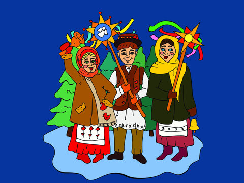 Carolers. Christmas Greeting Card With Kids In Ukraine. Little Carol Singers, Traditional Heroes For The Ukrainian Nativity Scene. Vector Illustration.Christmas And New Year Greeting Card.