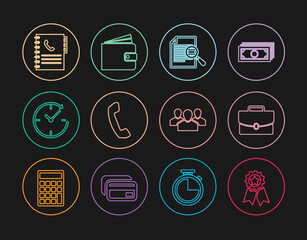 Set line Medal with star, Briefcase, Document search, Telephone handset, Clock arrow, Phone book, Users group and Wallet icon. Vector