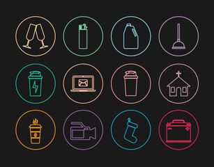 Set line Car battery, Church building, Household chemicals bottle, Laptop with envelope, Fitness shaker, Glasses of champagne, and Lighter icon. Vector