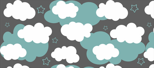 Seamless spatial pattern. Vector illustration of a celestial background. Template with cartoon clouds, clouds, stars. illustration for textile, t-shirt prints and other uses.
