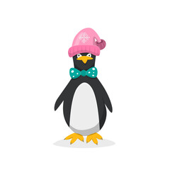 Penguin with bow tie and winter hat isolated on white background vector illustration