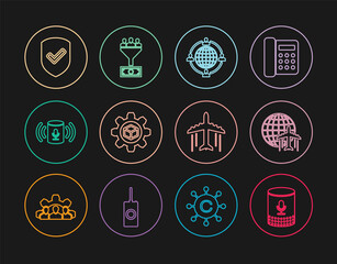 Set line Voice assistant, Globe with flying plane, Outsourcing concept, Product development, Shield check mark, Plane and Lead management icon. Vector