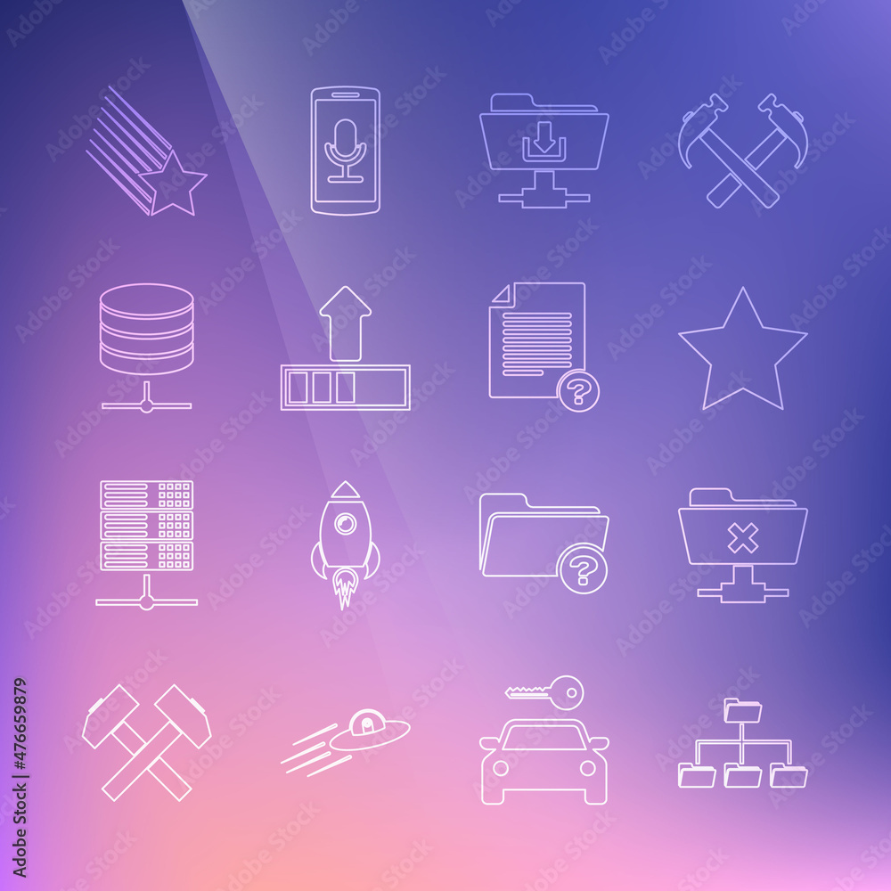 Poster set line folder tree, ftp cancel operation, star, folder download, loading, server, data, web hostin