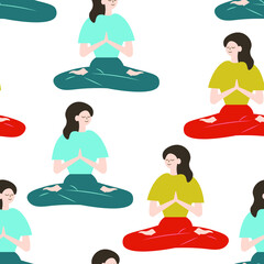 yoga and meditation vector seamless pattern isolated on bright background. Concept for wallpaper, cards, print