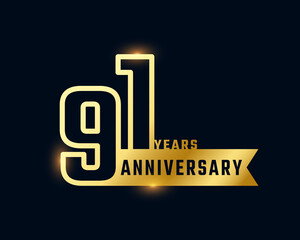 91 Year Anniversary Celebration with Shiny Outline Number Golden Color for Celebration Event, Wedding, Greeting card, and Invitation Isolated on Dark Background