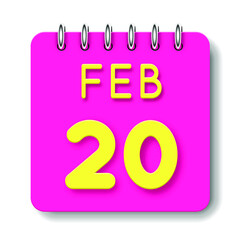 20 day of the month. February. Cute calendar daily icon. Date day week Sunday, Monday, Tuesday, Wednesday, Thursday, Friday, Saturday. Neon yellow. Pink Paper. White background.