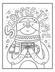 Cute cartoon coloring page with sloth. Coloring poster with happy sloth and coffee cup