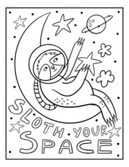 Fototapeta premium Cute cartoon coloring page with sloth and hand drawn lettering. Coloring poster sloth your space.