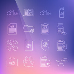 Set line Dog, Clinical record pet, Cat medicine bottle and pills, Medical veterinary folder, certificate for dog cat, and icon. Vector