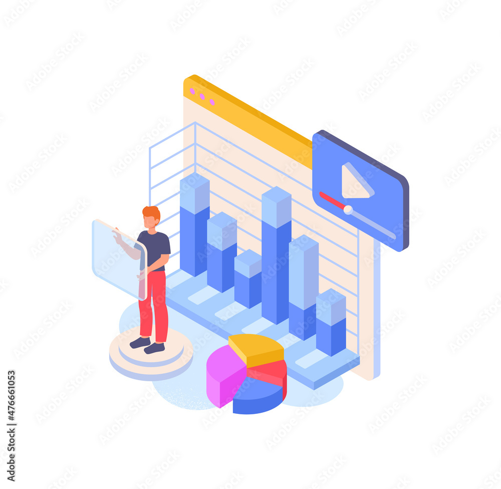 Poster man analyzes data. metaphor for working with statistics. character evaluates graphs. modern technolo