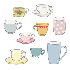 Hand drawn Set of various cups for tea or coffee isolated on white background.
