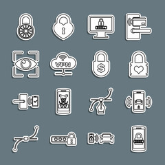 Set line Mobile and password, Smart car alarm system, Padlock with heart, Monitor, VPN Network cloud connection, Eye scan, Safe combination wheel and Money icon. Vector