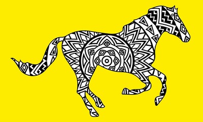 Zentangle stylized cartoon horse (mustang), isolated on white background. Hand drawn sketch for adult antistress coloring page, T-shirt emblem, logo or tattoo with doodle, zentangle design elements.