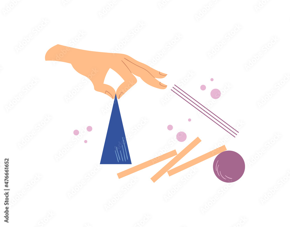 Poster hand with triangle. metaphor of work of designer. create beautiful pictures from simple geometrical 