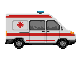 Illustration of ambulance car in pixel art style