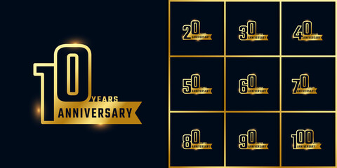 Set of Year Anniversary Celebration with Shiny Outline Number Golden Color for Celebration Event, Wedding, Greeting card, and Invitation Isolated on Dark Background