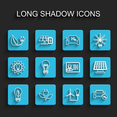 Set line Light bulb with leaf, Electric saving plug in, wind turbine, Hydrogen car, Solar energy panel and Identification badge icon. Vector