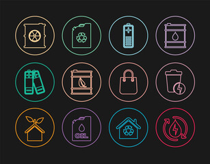 Set line Recycle clean aqua, Lightning with trash can, Battery charge level indicator, Bio fuel barrel, Radioactive waste, Shopping bag and Eco canister icon. Vector