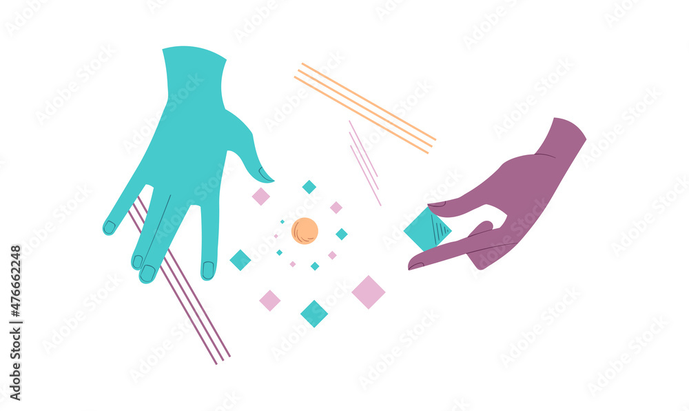Poster hands with geometric square. creativity from small elements. futuristic and minimalistic website des