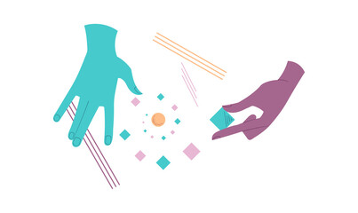 Hands with geometric square. Creativity from small elements. Futuristic and minimalistic website design. Poster and banner. Teamwork metaphor, digital world. Cartoon flat vector illustration