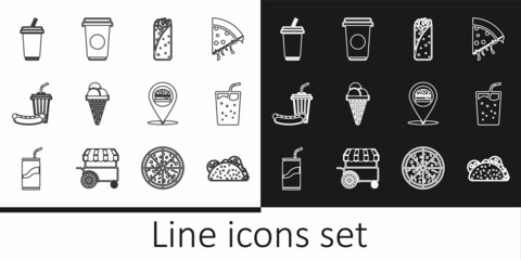 Set line Taco with tortilla, Glass water, Burrito, Ice cream in waffle cone, Soda and hotdog, Location burger and Coffee cup icon. Vector