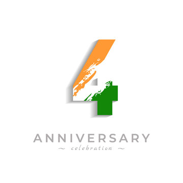 4 Year Anniversary Celebration with Brush White Slash in Yellow Saffron and Green Indian Flag Color. Happy Anniversary Greeting Celebrates Event Isolated on White Background