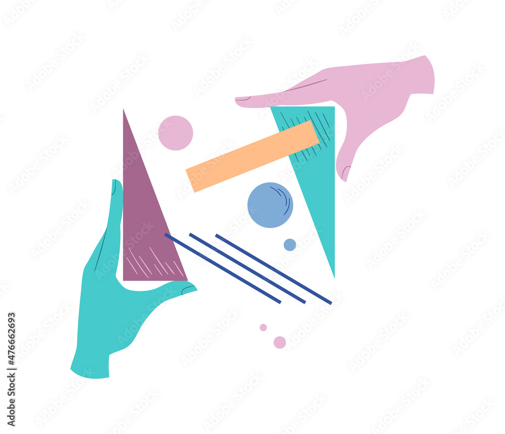 Poster hands with triangles. metaphor of teamwork, designers from simple geometric shapes create beautiful 