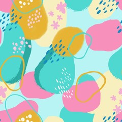 Seamless abstract doodle background pattern in bright  colors. 
Hand-drawn abstract pattern with randomly arranged spots and dots
