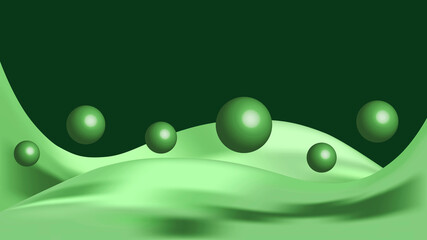 Abstract fresh pastel luminous waves with sphere balls on dark green background. Luxury backdrop. Geometric modern digital wallpaper. Copy space. Carbon neutrality concept. Environment conservation.