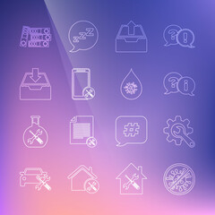 Set line Stop virus, bacteria, Wrench and gear, Question Exclamation, Upload inbox, Mobile service, Download, Office folders and Dirty water drop icon. Vector