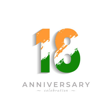 18 Year Anniversary Celebration with Brush White Slash in Yellow Saffron and Green Indian Flag Color. Happy Anniversary Greeting Celebrates Event Isolated on White Background