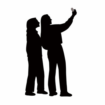 two women taking selfie, silhouette vector