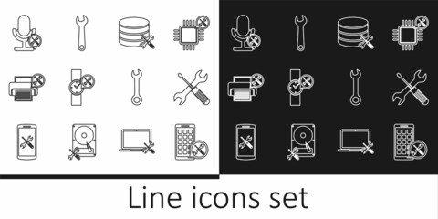 Fototapeta na wymiar Set line Mobile Apps service, Crossed screwdriver and wrench, Database server, Wrist watch, Printer, Microphone, Wrench and icon. Vector