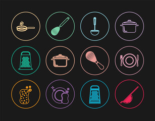 Set line Kitchen colander, Plate, fork knife, ladle, Cooking pot, Grater, Frying pan, whisk and icon. Vector