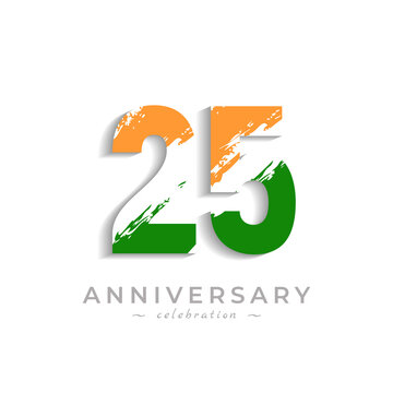 25 Year Anniversary Celebration with Brush White Slash in Yellow Saffron and Green Indian Flag Color. Happy Anniversary Greeting Celebrates Event Isolated on White Background