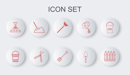 Set line Garden fence, Bucket, rake for leaves, trowel spade shovel, Automatic irrigation sprinklers, Shovel the ground, Gardening handmade scissor and pitchfork icon. Vector