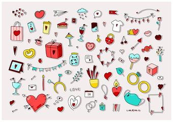 Doodle Valentines Day stickers set. Hand-drawn love symbols isolated on white background. Cute greeting card, envelope, gift, accessories with heart. Coffee, message, flower sign. Vector illustration