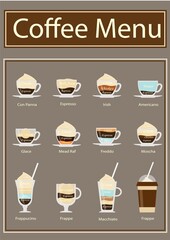 Coffee recipe type and menu design. Vector flat illustration.